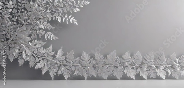 Fototapeta Shimmering silver leaf border with delicate lace details, elegant botanical design , texture, craft, premium