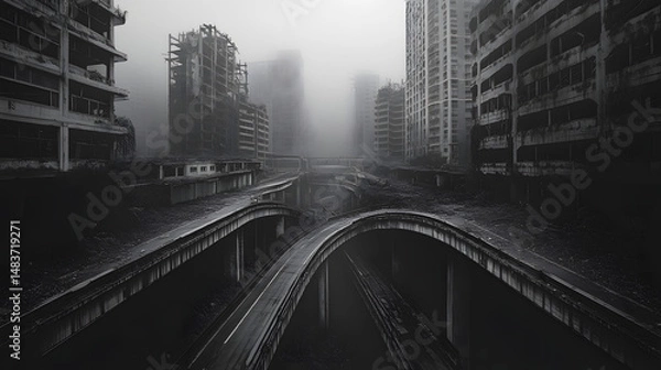 Fototapeta Echoes of Abandonment: A monochromatic tableau of an abandoned city shrouded in mist, with crumbling buildings and a network of deserted highways.
