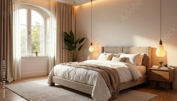Fototapeta Serene bedroom with soft lighting, plush textiles, serene, sleepspace