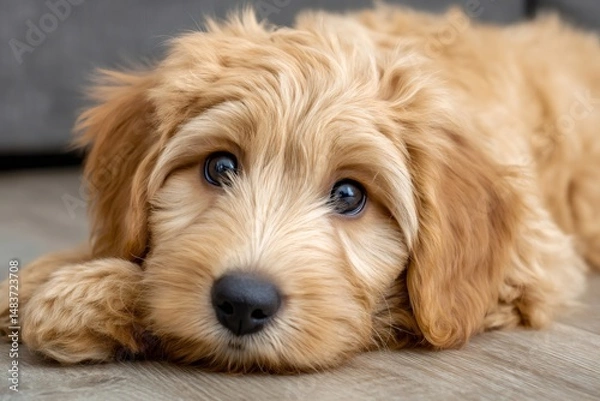 Fototapeta Adorable cockapoo puppy lying on the floor with head down