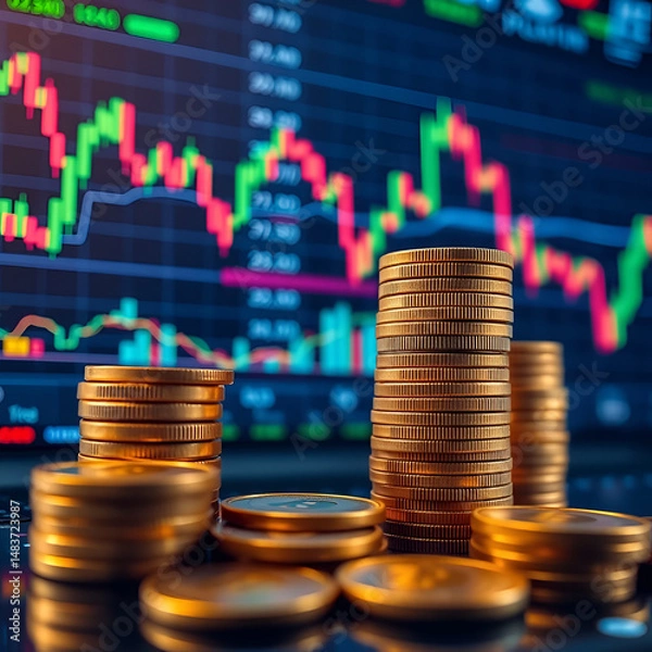 Fototapeta Digital trading scene with coin stacks and price charts showcasing modern finance and investment strategies.