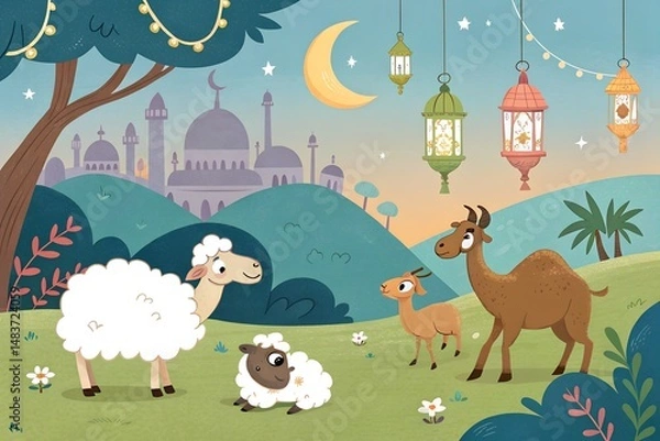 Fototapeta Eid ul Adha animated celebration scene with cheerful goats in festive clothes with lights and joyful Islamic atmosphere