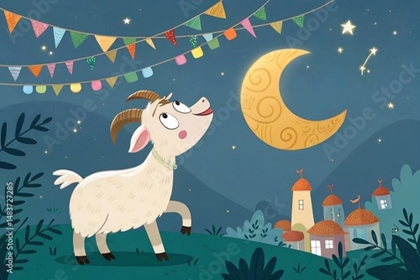 Fototapeta Festive Cartoon Cow in Elegant Traditional Attire with Lanterns and Colorful Bunting