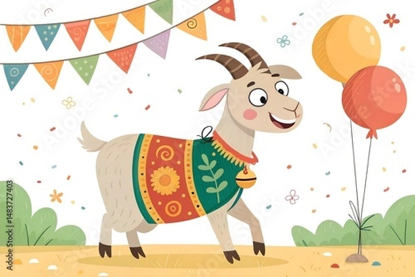 Fototapeta Festive Cartoon Cow in Traditional Attire with Crescent Moon, Lanterns, and Decorative Flags
