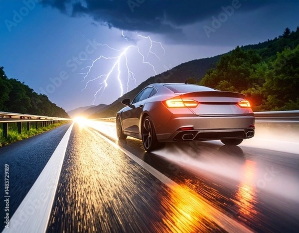 Fototapeta Auto sportive corrono in autostrada durante un temporale