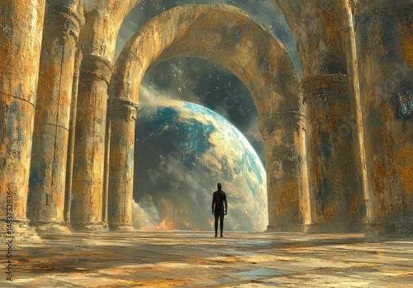 Fototapeta Lone Figure Contemplating Celestial Body in Ancient Ruins