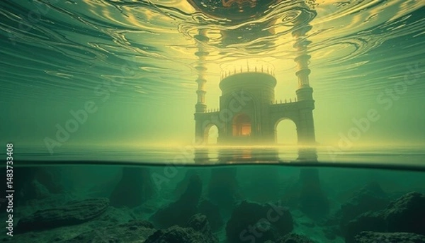 Obraz Submerged architectural marvel, underwater city, dreamlike, serene, teal waters