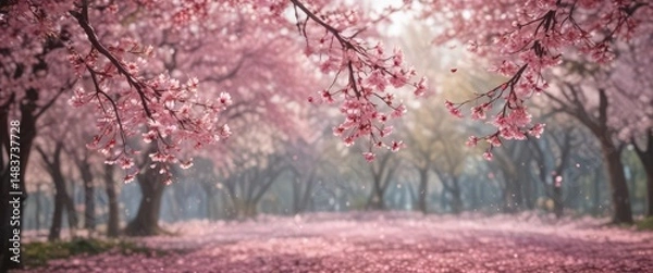 Fototapeta Delicate pink sakura petals drift against a bokeh of blossoming cherry trees ,  bloom,  trees,  tranquil
