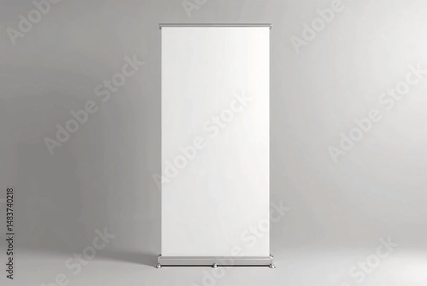 Fototapeta Blank White Roll-Up Banner Stand Displayed Against a Plain Gray Background
