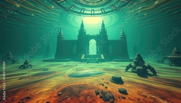 Obraz Underwater alien castle, sci-fi landscape with surreal structures.