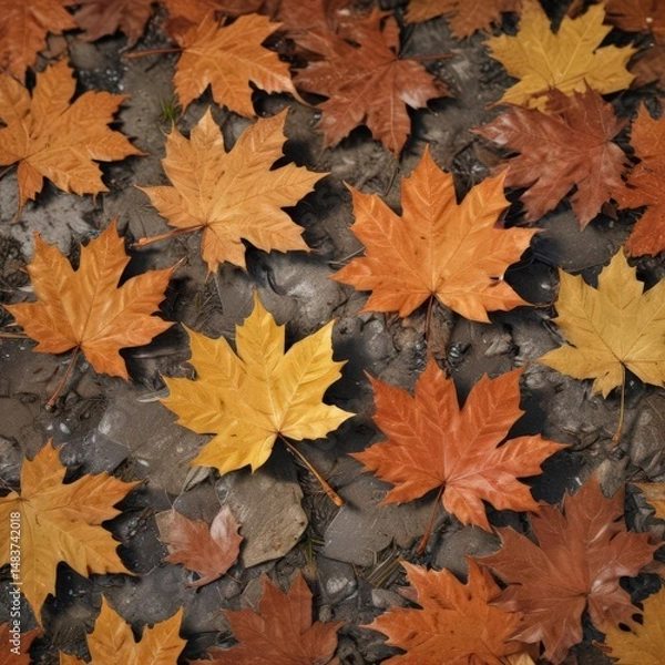 Fototapeta Close-up of fallen maple leaves, showcasing intricate details, fall background, crisp