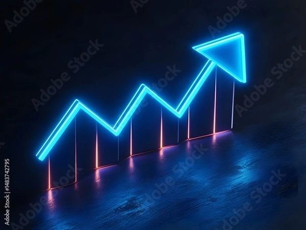 Fototapeta Neon Blue Glowing Up Arrow Chart On Dark Background, Growth, And Success Concept