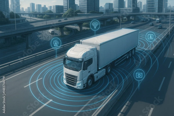 Fototapeta Truck driving on highway with network of devices.