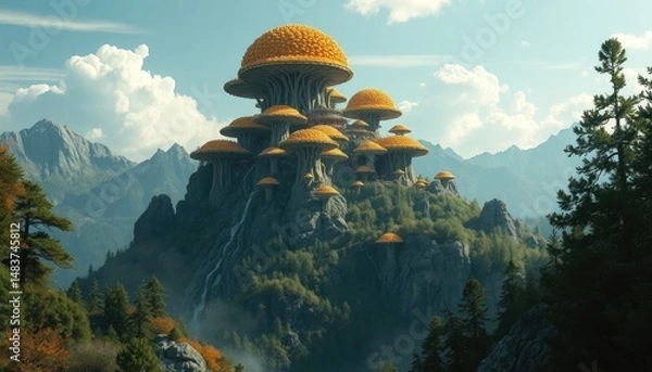 Obraz Surreal Mushroom City on Mountain: Fantasy Landscape with Fungi Architecture