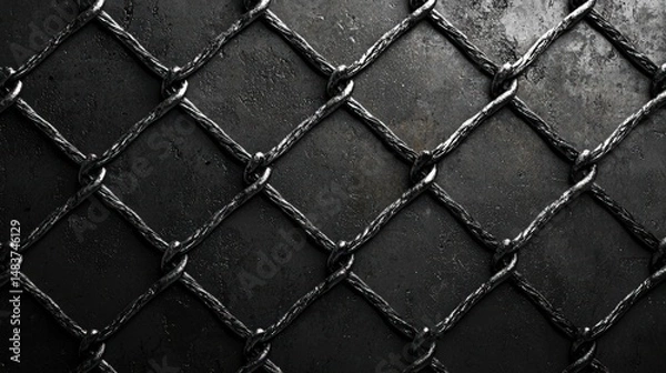 Fototapeta Metallic Chain Link Fencing Background with Highlighted Textures in a Dark Setting Perfect for Design and Creative Projects