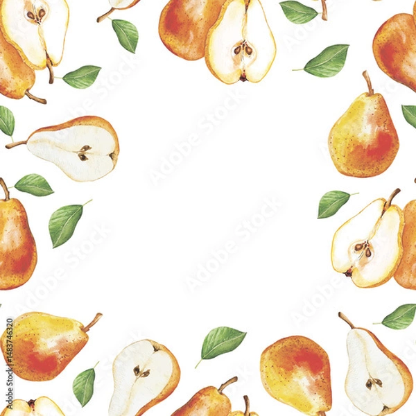 Fototapeta Pears pattern border watercolor background for decor autumn fall food art