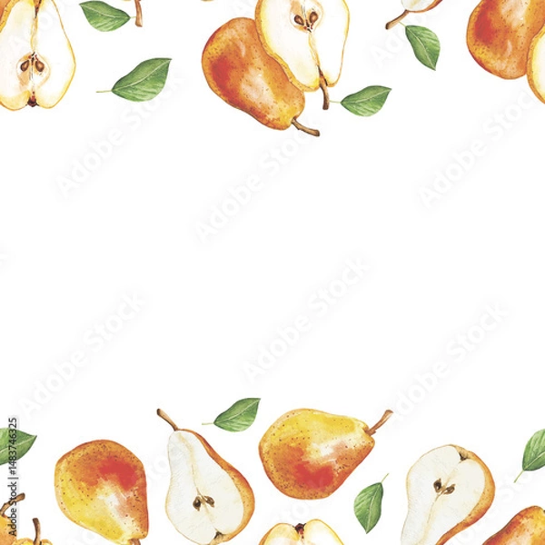 Fototapeta Watercolor pears and leaves seamless frame decorative for fall season
