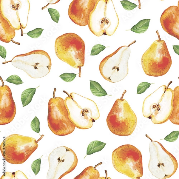 Fototapeta Watercolor seamless pattern with pears and leaves hand drawn background for decor