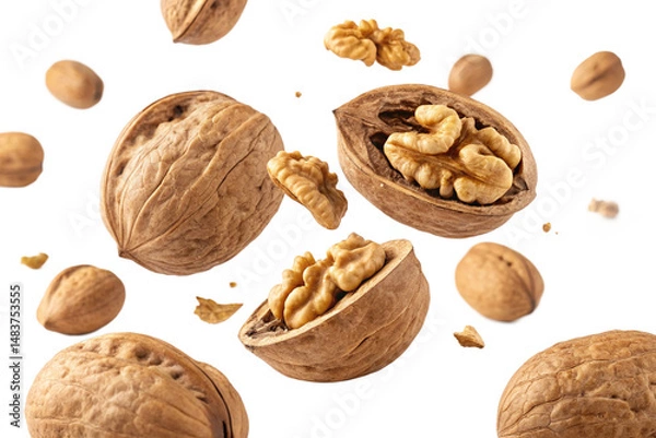 Obraz Falling walnuts on high fidelity food studio environment close-up view. Isolated on a transparent background - generated by ai