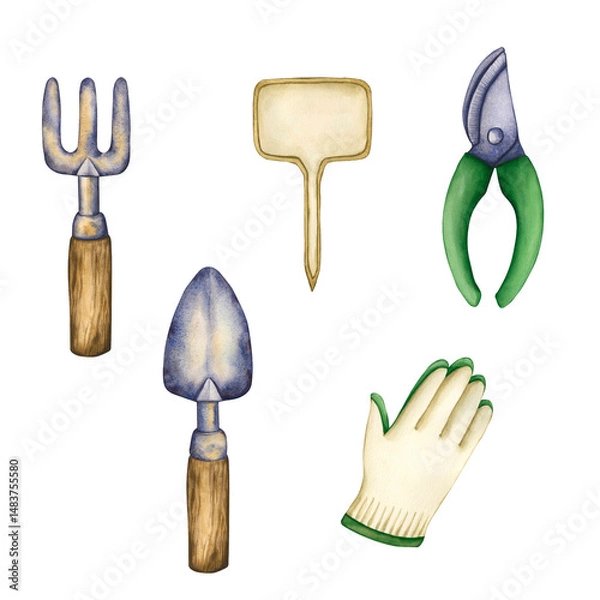 Obraz Set of gardening tools isolated. Watercolor hand drawn illustrations of garden shovel and rake. Pruning shears for cutting plants, seedling sign and garden work gloves, harvesting and houseplant