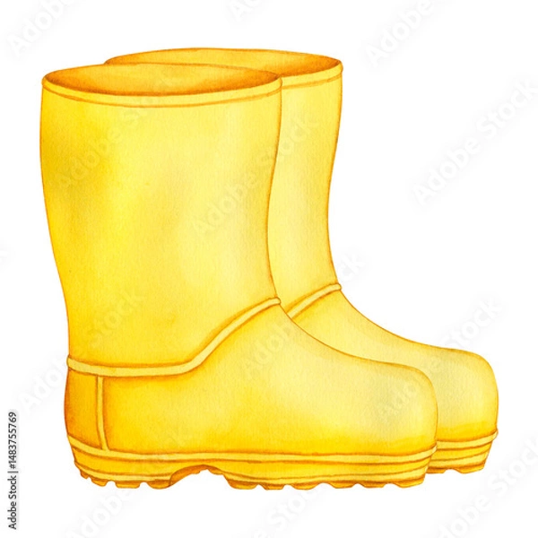 Obraz Pair of rubber yellow boots. Watercolor hand drawn illustration of autumn footwear. Boots isolated on white background. Template for creative autumn design. PNG