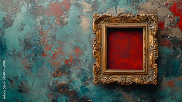 Fototapeta Elegant Gold Frame Against Distressed Teal and Red Background with Dramatic Lighting and Rich Texture (8)
