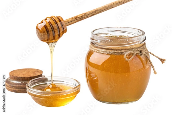 Obraz Jar with honey and honey dipper with drop of honey. Isolated on a transparent background - generated by ai