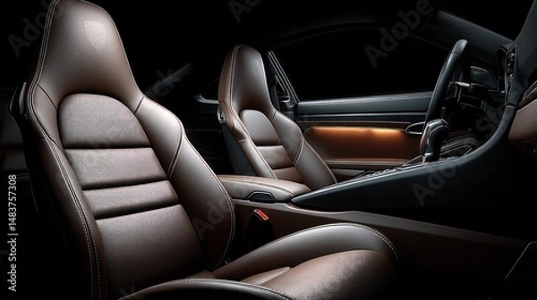 Obraz Car interior view featuring leather seats and dashboard details in a dark setting.