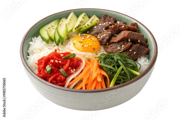 Obraz korean bibimbap bowl with galbi beef and pickled vegetables shot from top view. Isolated on a transparent background - generated by ai