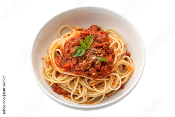 Fototapeta Pasta spaghetti bolognese on transparent bowl, top view. Isolated on a transparent background - generated by ai