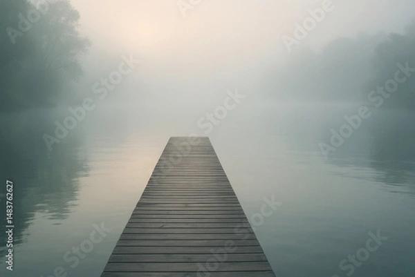 Fototapeta A duck waddling on a dock extending into a tranquil lake.