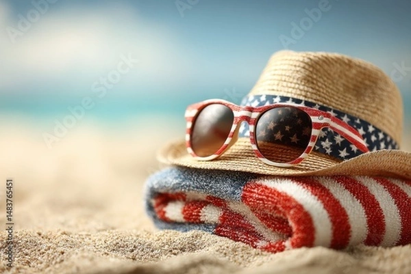 Obraz Summer beach vacation scene with American flag themed accessories, including straw hat, sunglasses and towel on a sandy background, with blue sky and sea.