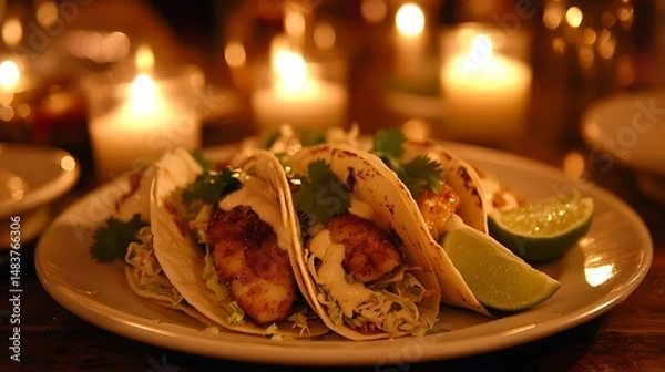 Fototapeta Grilled Fish Tacos with Lime Wedges Served in a Cozy Atmosphere