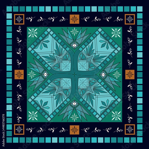 Fototapeta Geometric kaleidoscope pattern. Symmetrical square design in blue and teal.
