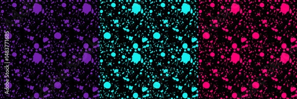 Fototapeta Seamless neon paint splatter pattern. Colorful grunge ink drops texture with violet, cyan, and pink colors. Urban spray art background for fabric, wrapping, wallpaper, and modern design.