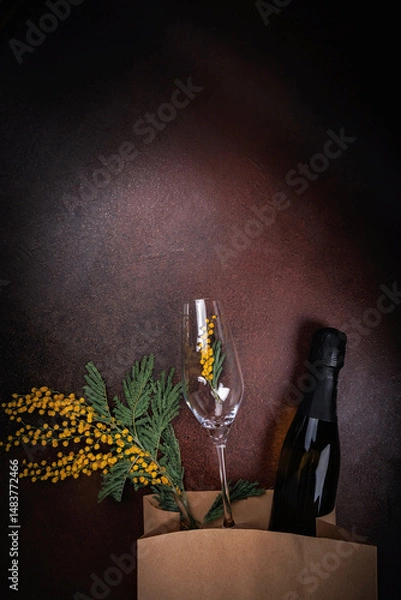 Fototapeta Vertical shot of champagne bottle and mimosa flowers in paper bag with wine glass