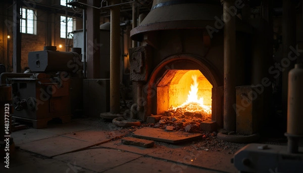 Obraz Industrial furnace in a dark workshop, glowing fire inside, warm atmosphere, copy space