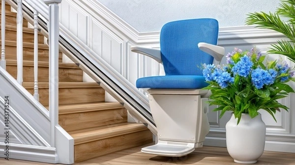 Fototapeta Stairlift positioned near stairs in a home setting, enhancing accessibility and independence for elderly living, Generative AI