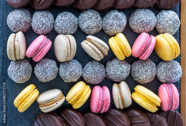 Obraz Macarons and coconut balls in order on plate