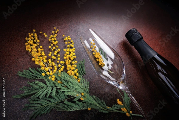 Fototapeta Spring mimosa flowers, champagne bottle and wine glass on dark surface