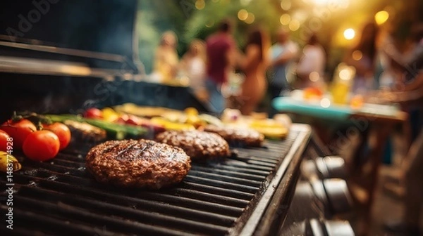 Fototapeta Grilling burgers and vegetables at a summer barbecue, people are gathered for food and fun, enjoying each other's company.