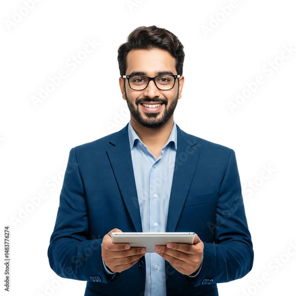 Fototapeta Confident Businessman in Formal Suit Using Tablet – Smiling Male Professional with Glasses on Transparent Background