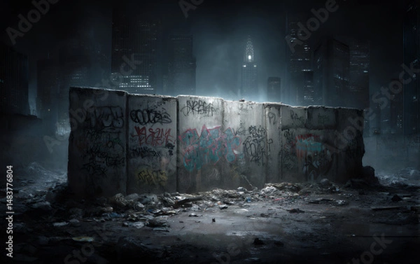 Fototapeta dark urban alley with graffiti covered concrete walls and littered ground in rainy weather showing signs of decay and neglect in industrial cityscape with distant skyline