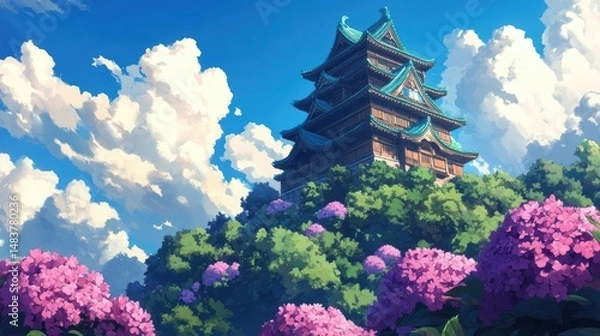 Obraz A serene landscape features a traditional pagoda nestled among vibrant purple flowers under a bright blue sky, This image can enhance projects related to nature, culture, architecture, or tranquility