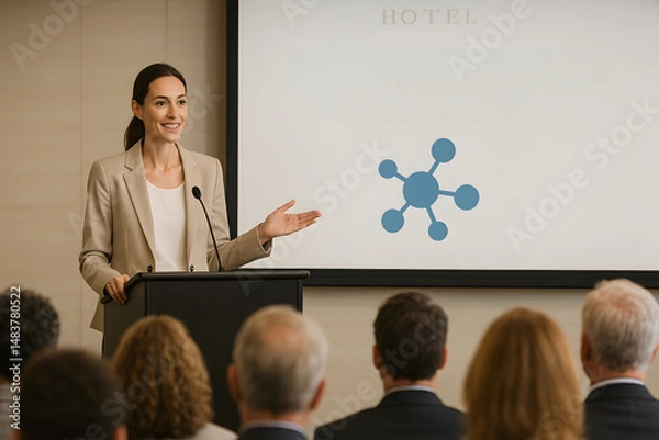Fototapeta A woman is giving a presentation in front of a large audience