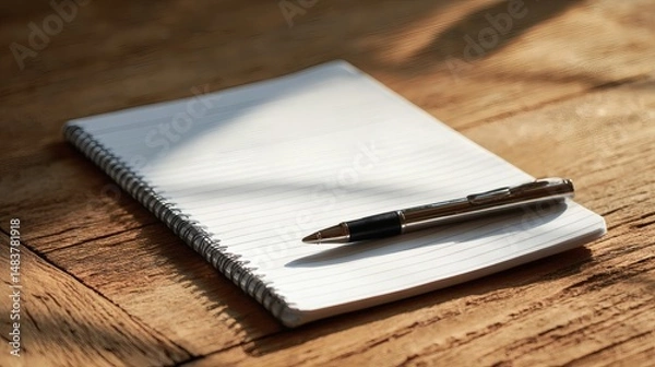 Fototapeta Notepad and Pen on Wooden Surface: A simple setup for jotting down notes or creative writing. The lighting gives the scene a warm feel.