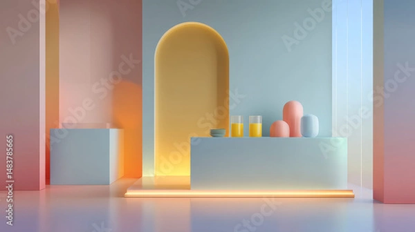 Fototapeta A vibrant, modern interior featuring colorful decor and abstract shapes.