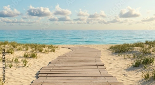 Fototapeta Wooden beach path leading to turquoise ocean