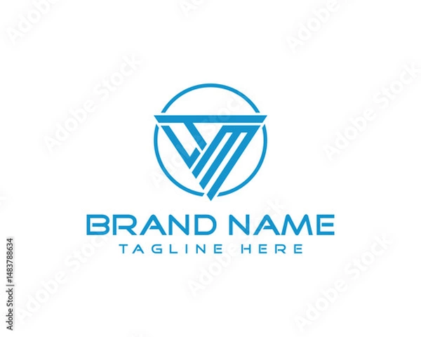 Fototapeta Abstract blue company logo design with triangle inside circle and creative interlocking lines vector template