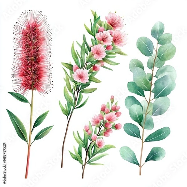 Obraz Botanical Illustration of Australian Flowers and Eucalyptus